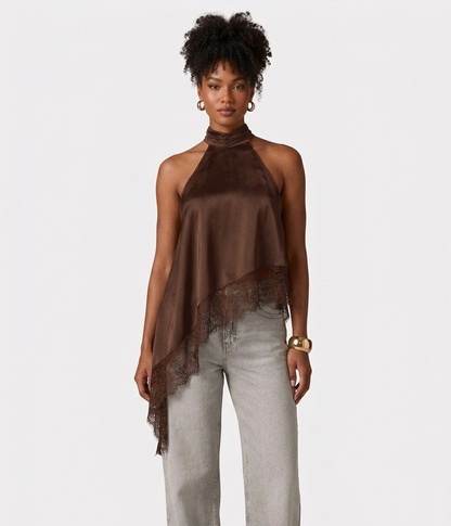 Blusa asimétrica randa - café